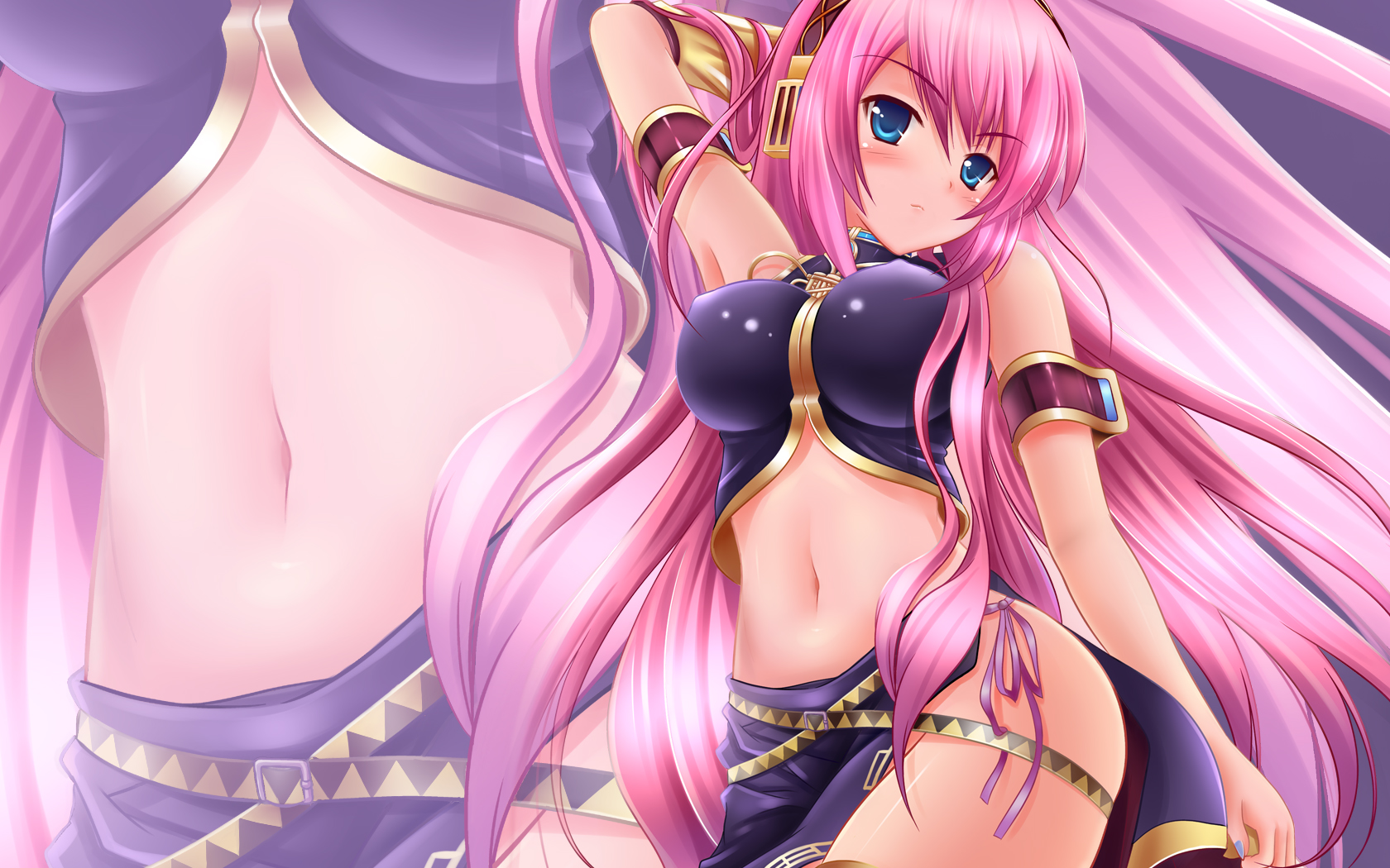obiwan, megurine luka, vocaloid, highres, 1girl, armband, bare hips, blue eyes, blush, breasts, covered erect nipples, detached sleeves, female focus, gold trim, hair spread out, headphones, large breasts, long hair, midriff, navel, pink hair, skirt, solo, stomach, very long hair, zoom layer