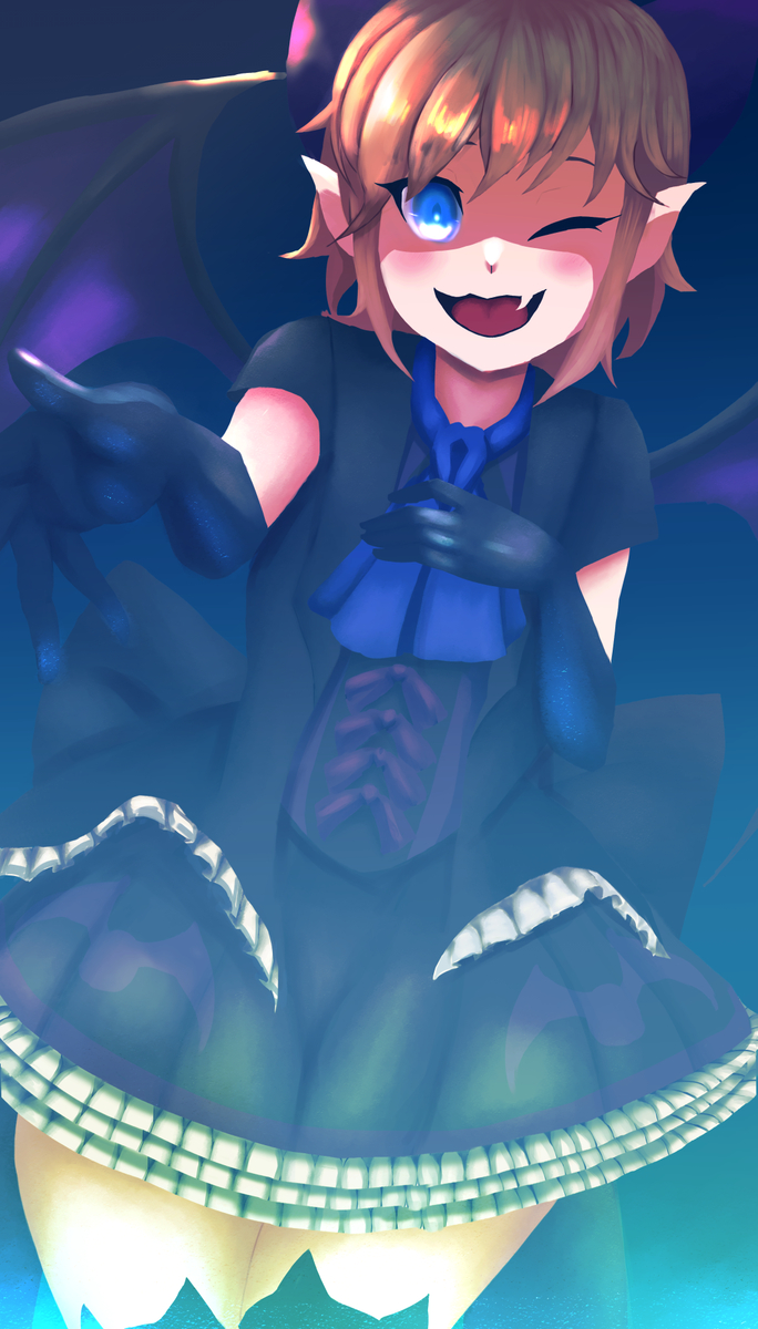 nina (shrift), shrift, black dress, blonde hair, blue eyes, blue ribbon, blush, demon girl, demon horns, dress, gloves, hand extended, horns, purple ribbon, ribbon, smile, thighhighs
