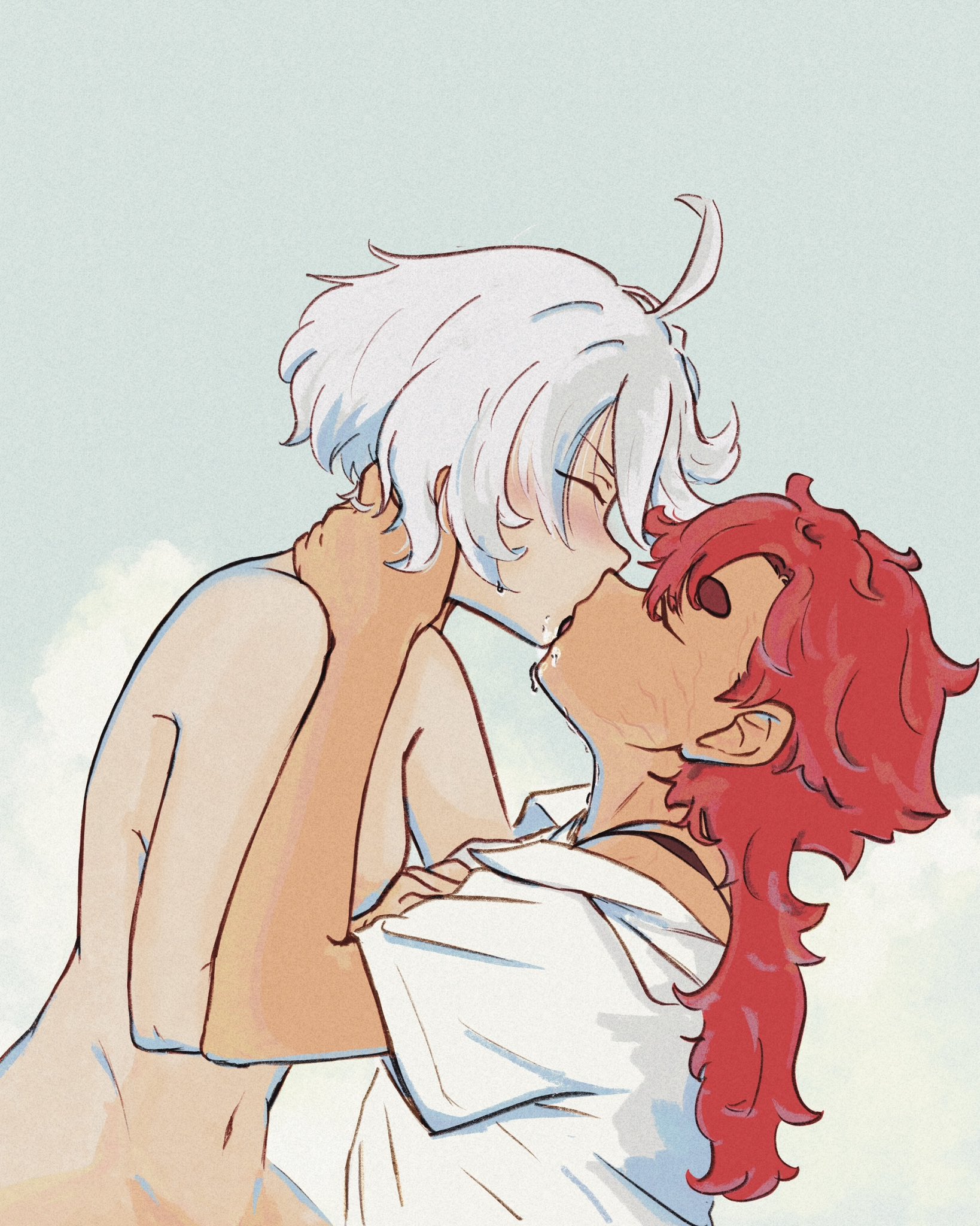 miorine rembran, suletta mercury, gundam, gundam suisei no majo, highres, 2girls, blue background, blush, breasts, closed eyes, clothed female nude female, film grain, french kiss, hand on another's neck, haru izumizu, kiss, long hair, medium breasts, multiple girls, nude, red hair, scar, scar on face, shirt, short hair, thick eyebrows, white hair, white shirt, yuri