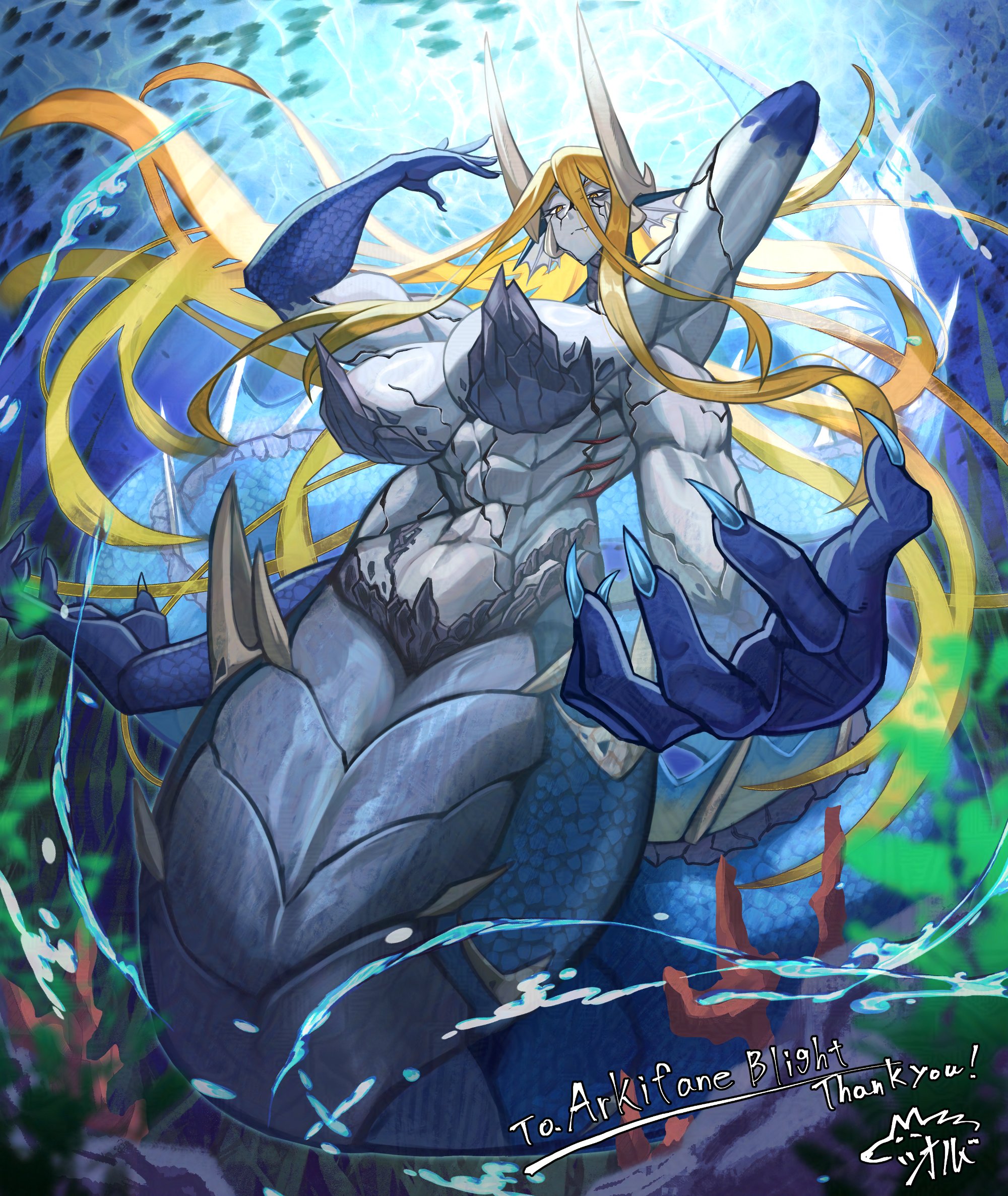 siorudo origin, skolas, original, highres, 1girl, abs, battleship, biceps, blue scales, bridge, coral, cracked skin, fingernails, gills, grey scales, horns, long hair, military vehicle, monster girl, multiple horns, muscular, muscular female, ocean, orange hair, sharp fingernails, ship, slit pupils, smug, spines, underwater, warship, watercraft