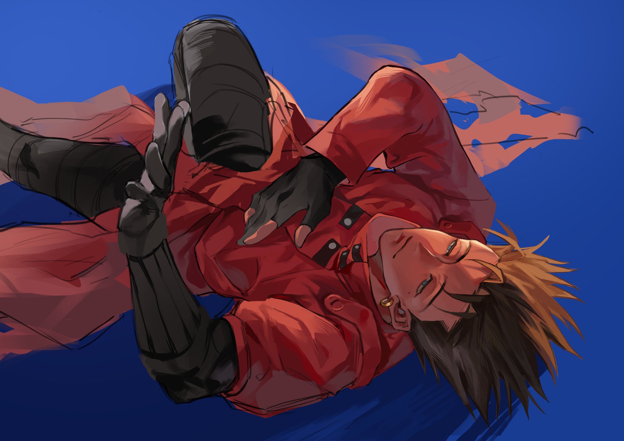 guiwansang1, vash the stampede, trigun, highres, 1boy, black hair, blue eyes, coat, earrings, fingerless gloves, gloves, jewelry, mole, mole under eye, prosthesis, prosthetic arm, red coat, single earring, spiked hair, undercut