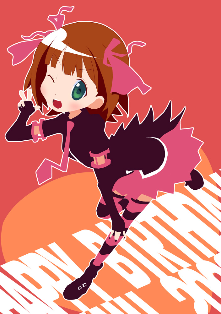 tanaka hajime(artist), tanaka hajime (artist), amami haruka, idolmaster, idolmaster (classic), bad id, bad pixiv id, 00s, 1girl, blush, brown hair, female focus, fingerless gloves, flat color, full body, gloves, green eyes, hair ribbon, necktie, open mouth, punkish gothic, ribbon, short hair, skirt, solo, teeth, thighhighs