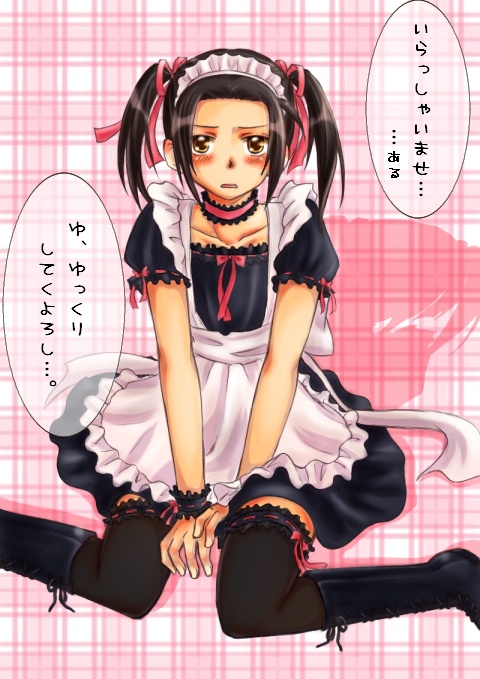 china (hetalia), axis powers hetalia, artist request, translated, 00s, 1boy, apron, black hair, black thighhighs, blush, boots, brown eyes, choker, crossdressing, crossdressing (mtf), hair ribbon, lace-up boots, maid, maid apron, maid headdress, male focus, male maid, ribbon, solo, thighhighs, trap, twintails, wrist cuffs