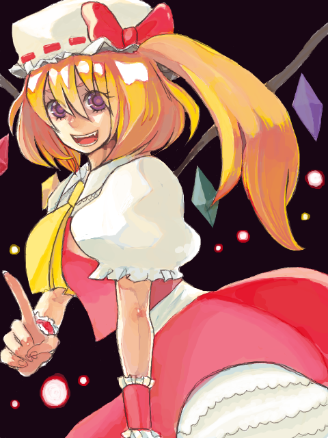 gokuakuhaiji, kouumieishi, flandre scarlet, touhou, bad id, bad pixiv id, 1girl, blonde hair, fangs, female focus, hat, ponytail, purple eyes, short hair, side ponytail, solo, wings