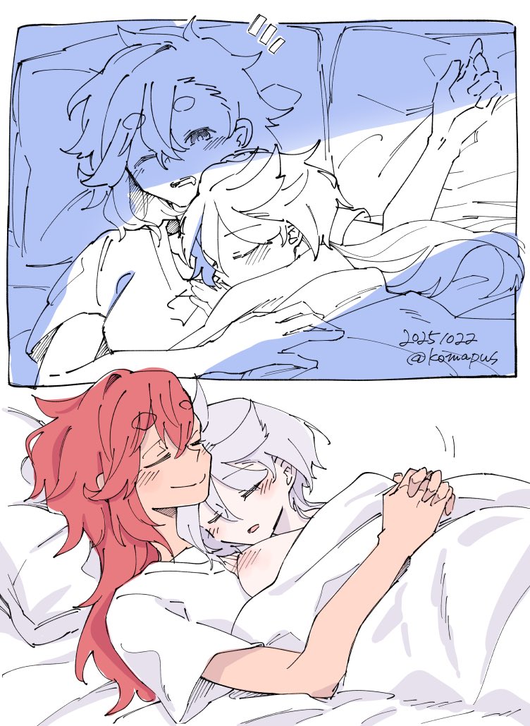 koma (remi 398), miorine rembran, suletta mercury, gundam, gundam suisei no majo, commentary request, 2girls, artist name, blush, closed eyes, closed mouth, cuddling, dated, long hair, multiple girls, one eye closed, parted lips, pillow, shirt, sleeping, smile, thick eyebrows, twitter username, under covers, white shirt, yuri