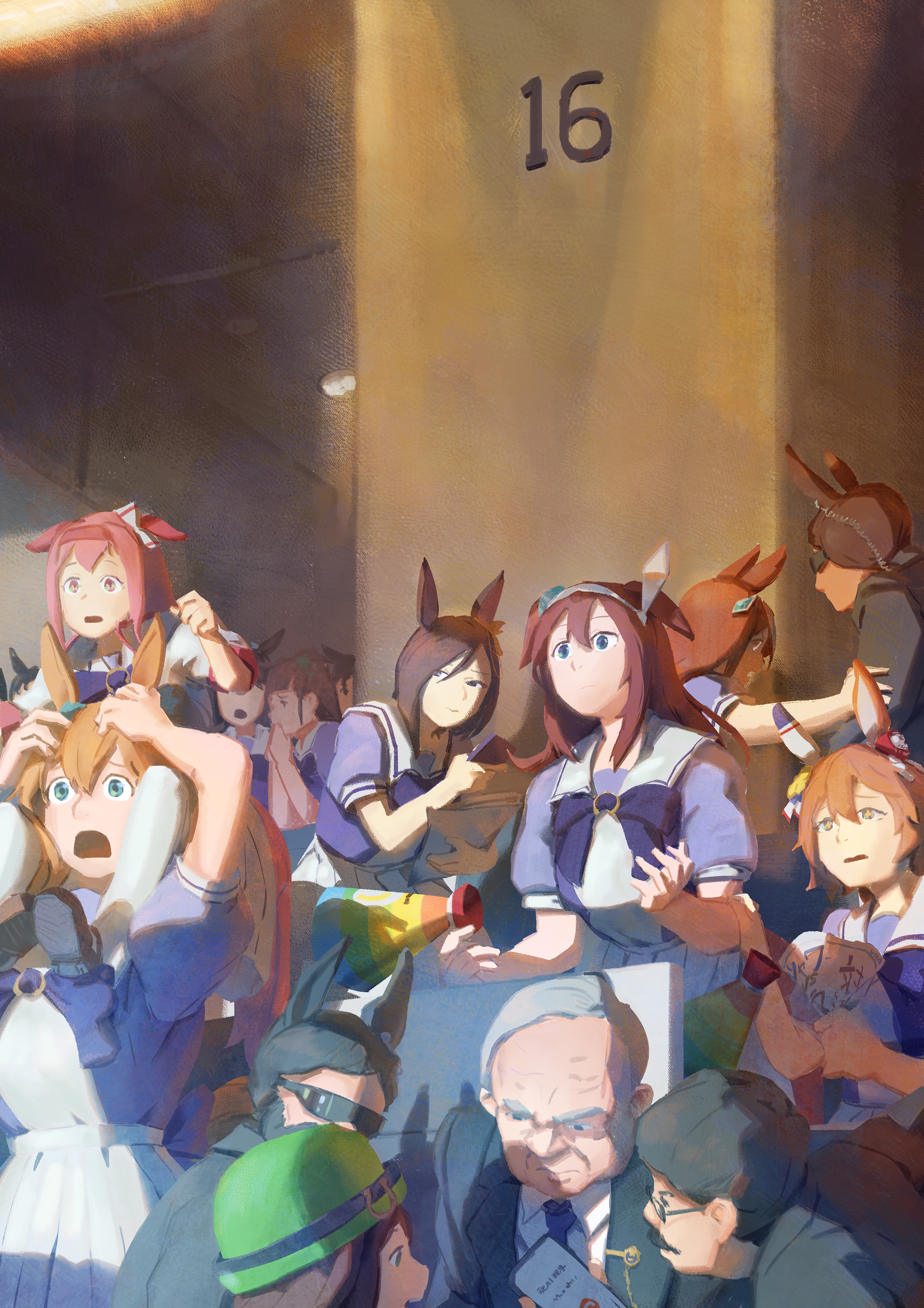 ye fan, air groove (umamusume), haru urara (umamusume), matikanefukukitaru (umamusume), mihono bourbon (umamusume), rice shower (umamusume), symboli rudolf (umamusume), taiki shuttle (umamusume), umamusume, absurdres, commentary, highres, 3boys, 6+girls, animal ears, blonde hair, blue bow, blue bowtie, blue eyes, blue shirt, bow, bowtie, brown eyes, brown hair, ears down, hands on own head, holding, holding phone, horse ears, horse girl, multiple boys, multiple girls, open mouth, phone, pink hair, pleated skirt, purple eyes, purple serafuku, purple shirt, sailor collar, school uniform, serafuku, shirt, short sleeves, skirt, sunglasses, tracen school uniform, white sailor collar