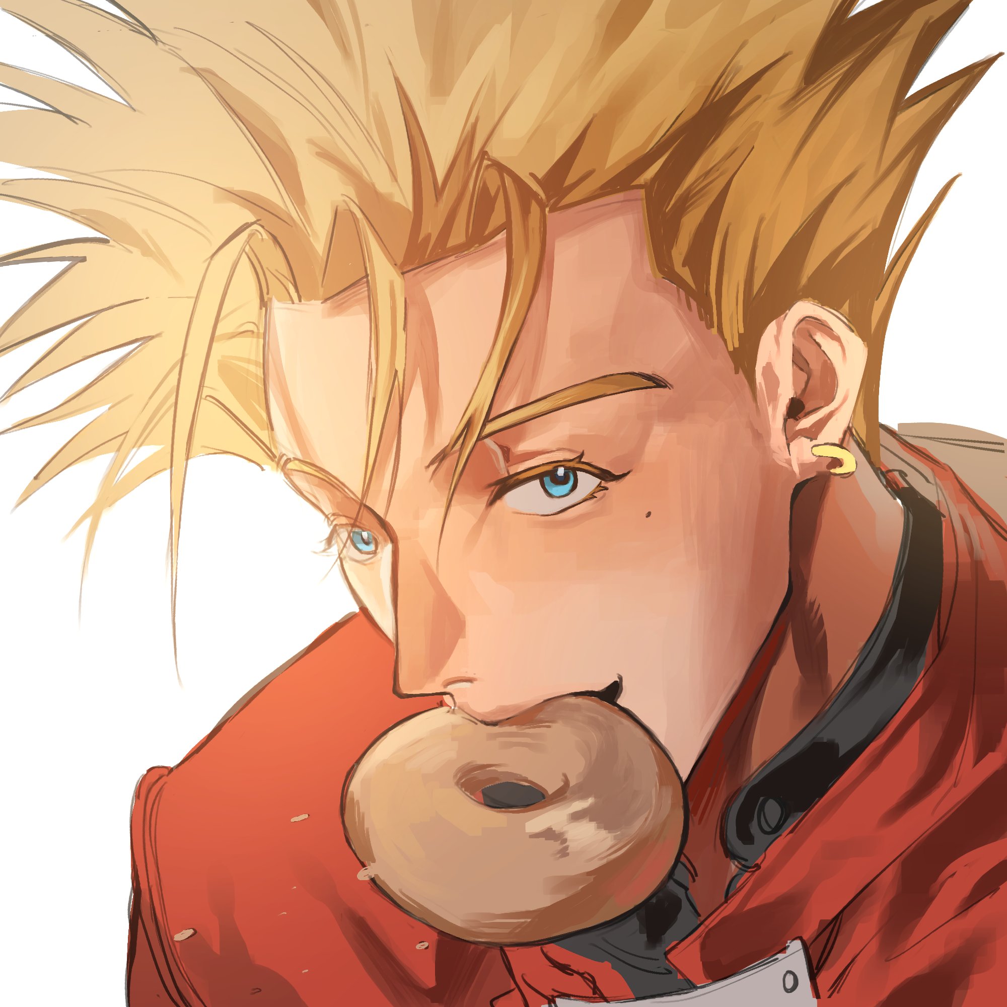 guiwansang1, vash the stampede, trigun, highres, 1boy, blonde hair, blue eyes, coat, donut, earrings, food, jewelry, mole, mole under eye, single earring, spiked hair, undercut
