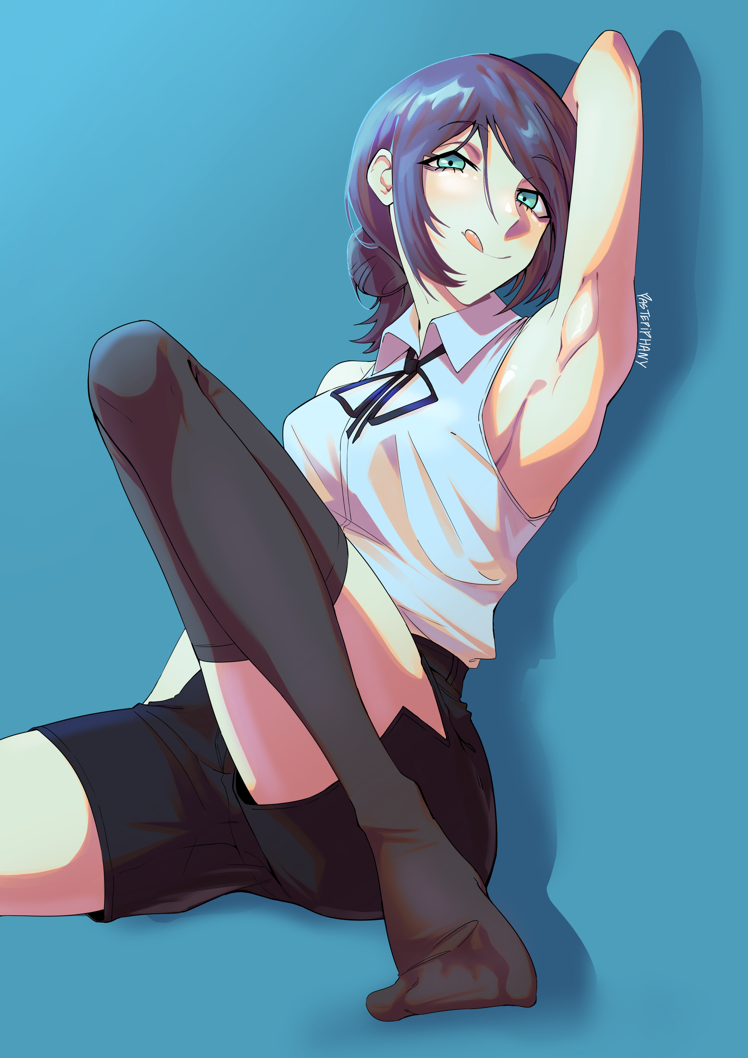 pastepiphany, reze (chainsaw man), chainsaw man, absurdres, highres, 1girl, :q, arm up, armpits, black shorts, black thighhighs, green eyes, grey shirt, hair bun, looking at viewer, on ground, presenting armpit, purple hair, shadow, shirt, shirt tucked in, shorts, sleeveless, sleeveless shirt, solo, thighhighs, tongue, tongue out