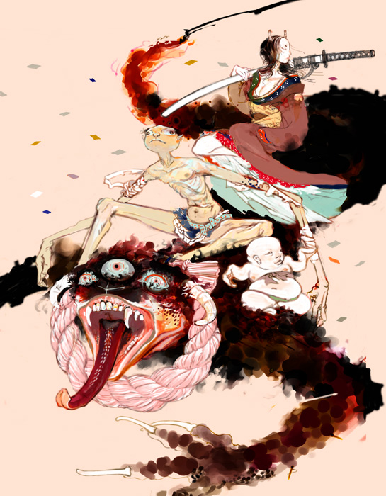 raiu, original, horns, monster, rope, sword, tongue, traditional youkai, weapon