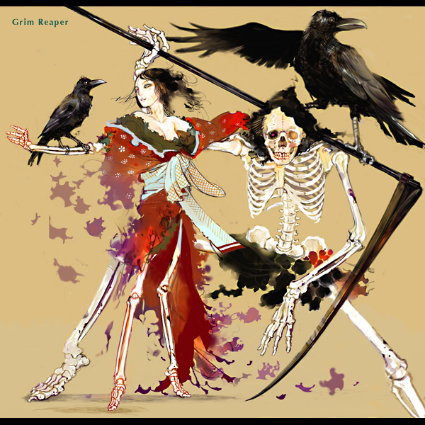raiu, death (entity), grim reaper, original, 1girl, bare shoulders, bird, breasts, cleavage, crow, hood, japanese clothes, monster, scythe, skeleton, torn clothes