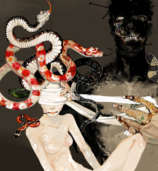 raiu, frankenstein's monster, frankenstein, original, 1girl, bandages, blindfold, monster, monster girl, nude, scales, snake, snake hair