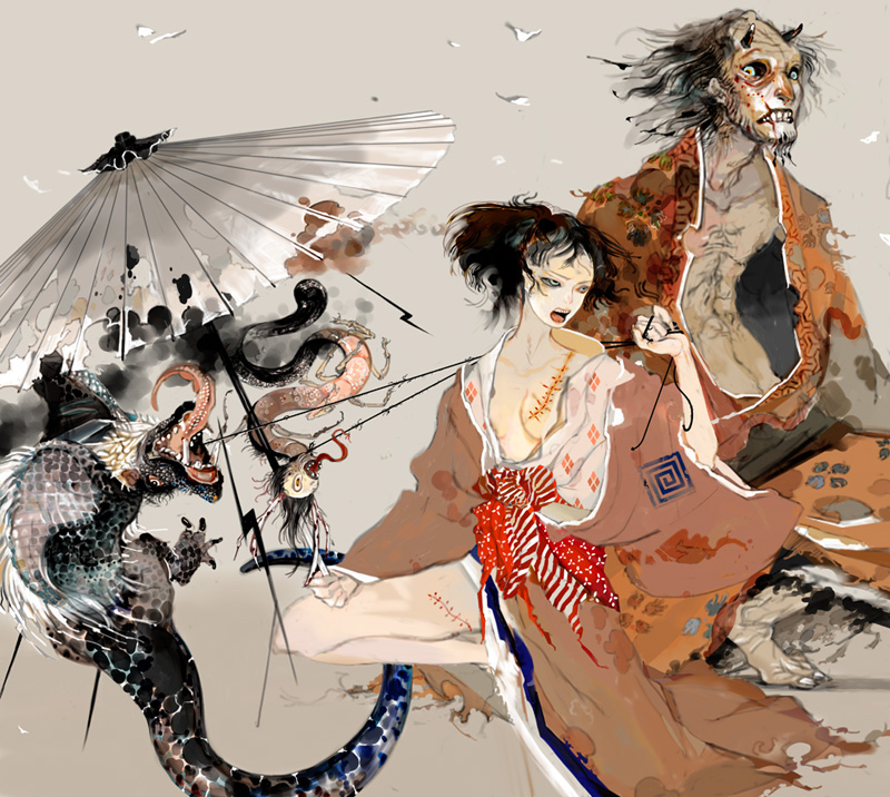 raiu, original, horns, japanese clothes, monster, oil-paper umbrella, scar, traditional youkai, umbrella