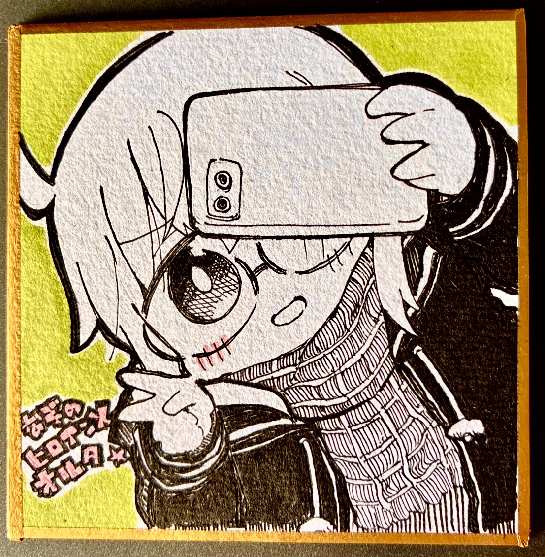 kasuga yuuki, artoria pendragon (fate), mysterious heroine x alter (fate), fate/grand order, fate (series), photo (medium), traditional media, translation request, 1girl, :d, ahoge, arm up, blush, blush stickers, cellphone, chibi, drawstring, fringe trim, glasses, holding, holding phone, jacket, long sleeves, looking at viewer, open clothes, open jacket, open mouth, phone, scarf, selfie, semi-rimless eyewear, shikishi, sleeves past wrists, smile, solo, under-rim eyewear, upper body, v