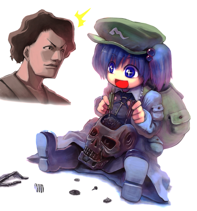 takeda kanryuusai, akutagawa ryuunosuke, kawashiro nitori, t-800, terminator (series), the terminator, touhou, bad id, bad pixiv id, + +, 1boy, 1girl, backpack, bag, blue eyes, blue hair, crossover, hair bobbles, hair ornament, hat, randoseru, short hair, twintails, two side up