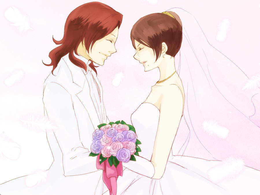kanameyura, kati mannequin, patrick colasour, gundam, gundam 00, bad id, bad pixiv id, spoilers, 00s, bouquet, bride, brown hair, dress, elbow gloves, flower, glasses, gloves, good end, mole, rose, short hair, wedding, wedding dress
