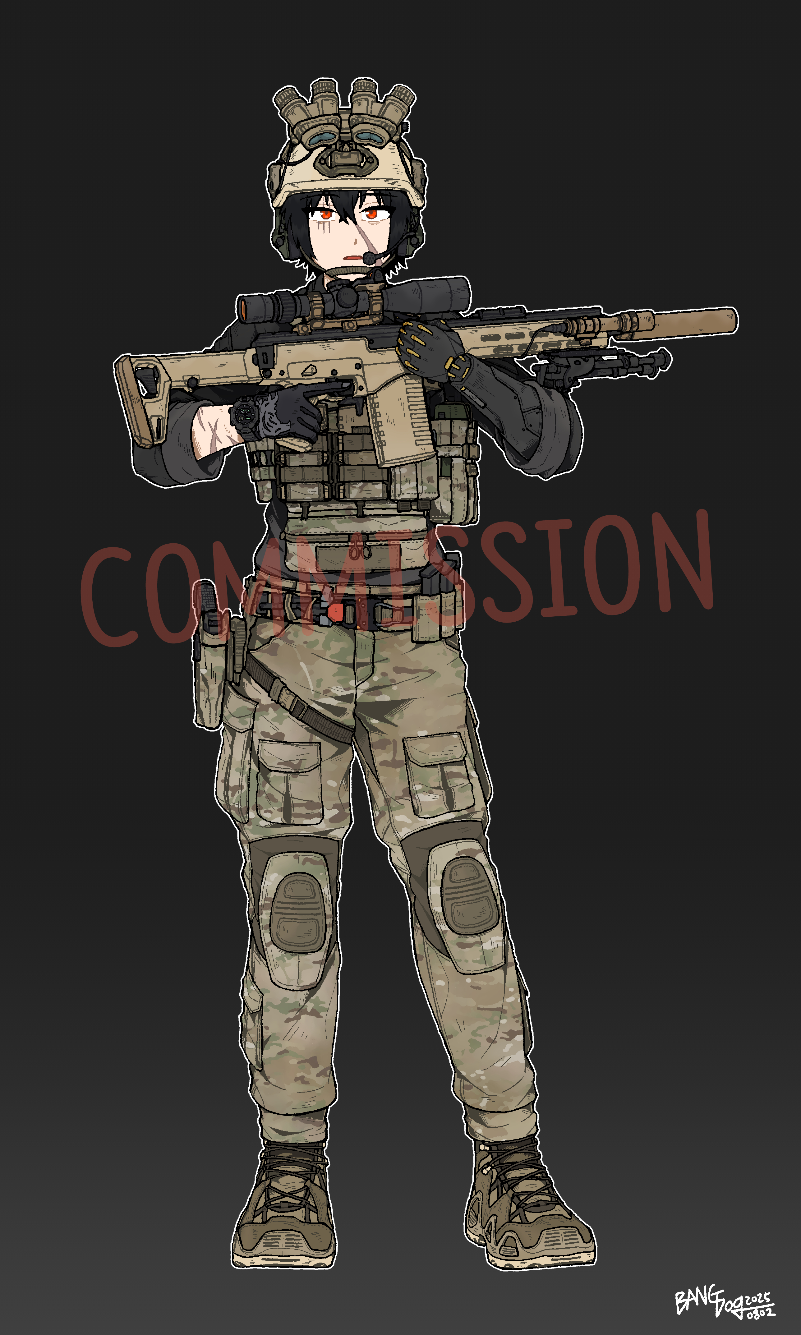 bangdog, original, absurdres, commentary request, commission, highres, korean commentary, 1girl, ammunition pouch, belt, belt pouch, bipod, black background, black gloves, black hair, boots, brown boots, brown helmet, bruise, bruise on face, buckle, bulletproof vest, camouflage, camouflage pants, chin strap, chukavin svch, combat helmet, dated, ear protection, fast helmet, flashlight, frown, full body, glock, gloves, goggles, gradient background, grey jacket, gun, handgun, headset, helmet, holding, holding gun, holding weapon, holster, injury, jacket, load bearing vest, magazine (weapon), military, military combat uniform, military operator, military uniform, night vision device, open mouth, optical sight, outline, pants, pouch, prosthesis, prosthetic arm, red eyes, rifle, scar, scar on arm, scar on face, scope, short hair, signature, simple background, snap-fit buckle, sniper rifle, soldier, solo, suppressor, tactical clothes, tomboy, trigger discipline, unworn goggles, watch, watermark, weapon, white outline, wristwatch