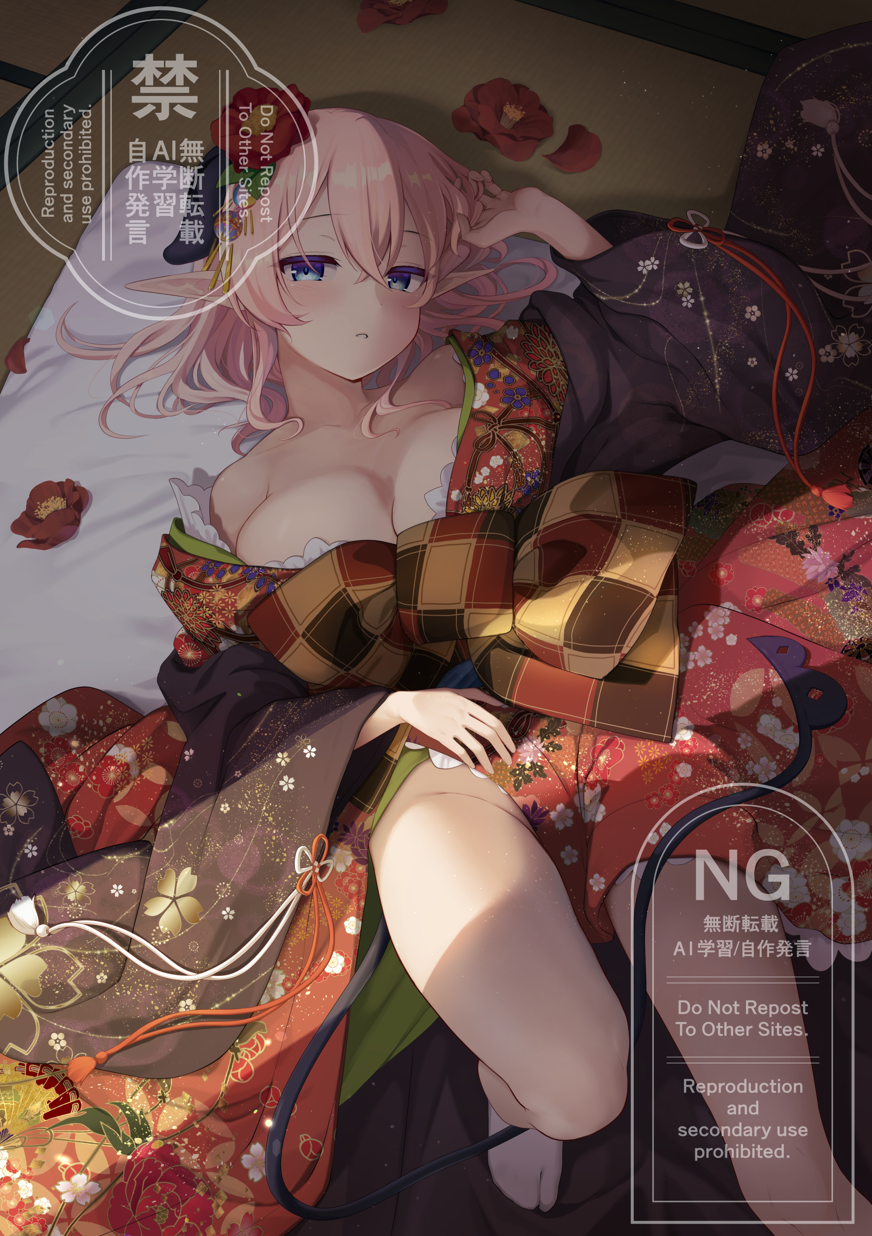 nnyara, original, absurdres, commentary request, highres, 1girl, bare shoulders, black haori, blue eyes, breasts, checkered clothes, checkered kimono, collarbone, crossed bangs, demon girl, demon tail, fingernails, floor, floral print, flower, flower knot, futon, hair between eyes, hair flower, hair ornament, hand up, haori, indoors, japanese clothes, kanzashi, kimono, large breasts, legs, long sleeves, looking at viewer, looking up, lying, no panties, no shoes, on back, open clothes, petals, pink hair, pointy ears, red flower, red kimono, shadow, short hair, socks, solo, tail, tassel, teeth, thighs, watermark, white socks, wide sleeves