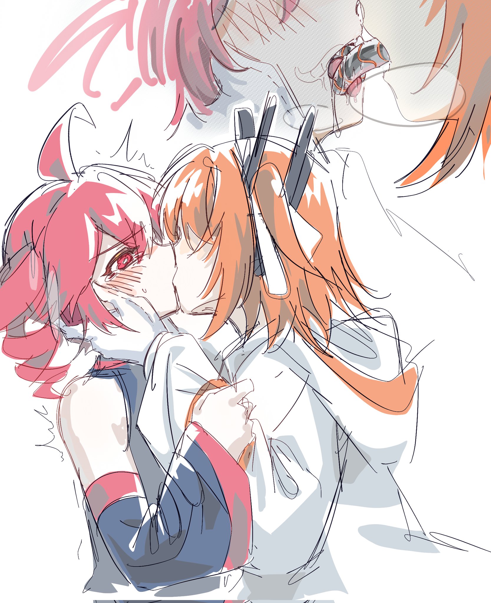 adachi rei, kasane teto, a.i. voice, utau, commentary, corrupted twitter file, hashtag-only commentary, highres, 2girls, ahoge, black shirt, blush, breath, detached sleeves, drill hair, french kiss, gloves, hand on another's face, hood, hoodie, kiss, multiple girls, orange hair, qiukui, red eyes, red hair, saliva, shirt, simple background, sweat, tears, tentacle tongue, tongue, tongue out, twin drills, white background, white gloves, white hoodie, yuri