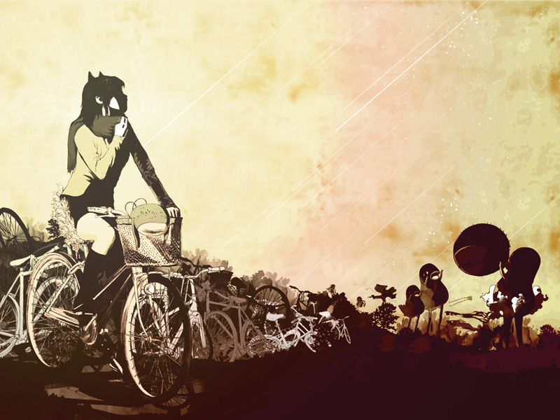 kudamono790, original, 1girl, bicycle, female focus, high contrast, kneehighs, long sleeves, meteor, meteor shower, monster, outdoors, riding, scarf, sepia, sky, sleeves past wrists, socks, solo