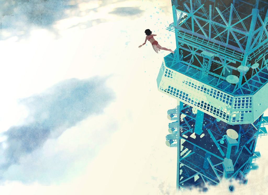 kudamono790, original, barefoot, bikini, cloud, dissolving, jumping, solo, surreal, swimsuit, tower, water