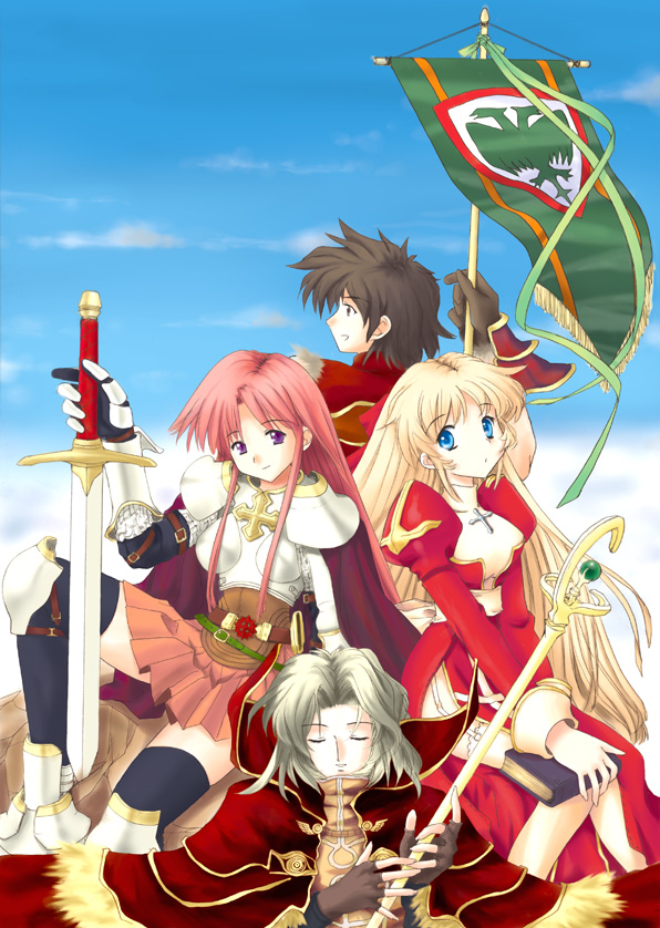 kitagawa mikio, champion (ragnarok online), high priest (ragnarok online), high wizard (ragnarok online), lord knight (ragnarok online), ragnarok online, commentary request, 2000s (style), 2boys, 2girls, armor, armored boots, banner, black gloves, black hair, black thighhighs, blonde hair, blue eyes, blue sky, boobplate, book, boots, breastplate, cape, closed eyes, closed mouth, cowboy shot, cross, cross of prontera, curtained hair, day, dress, garter straps, gloves, grey hair, holding, holding banner, holding book, holding sword, holding weapon, juliet sleeves, long hair, long sleeves, looking at viewer, medium hair, miniskirt, multiple boys, multiple girls, outdoors, pauldrons, pink hair, pink skirt, puffy sleeves, purple eyes, red cape, red dress, sash, short hair, shoulder armor, sidelocks, sitting, skirt, sky, smile, sword, thighhighs, two-tone dress, upper body, weapon, white dress, white sash, white thighhighs