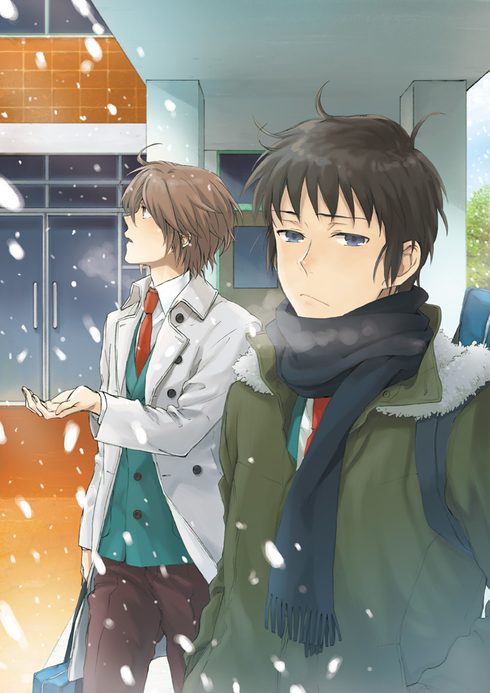 akuta michi, koizumi itsuki, kyon, suzumiya haruhi no yuuutsu, bad id, bad pixiv id, 00s, 2boys, bag, black hair, blue eyes, brown hair, jacket, male focus, multiple boys, necktie, scarf, school uniform, short hair, snow