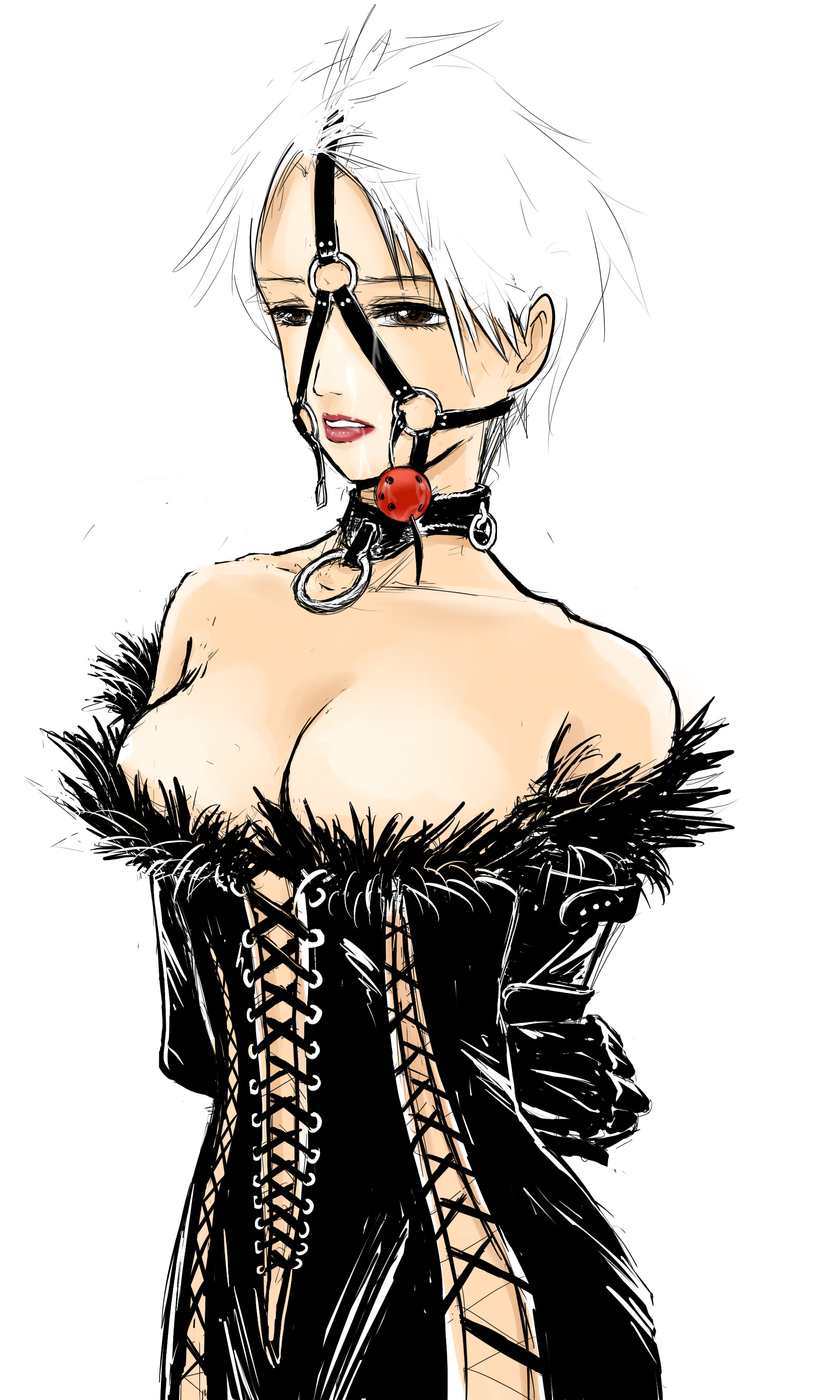 fur, absurdres, highres, arms behind back, ball gag, belt, breasts, collar, cum, cum on body, facial, gag, gloves, large breasts, lips, white hair, white theme