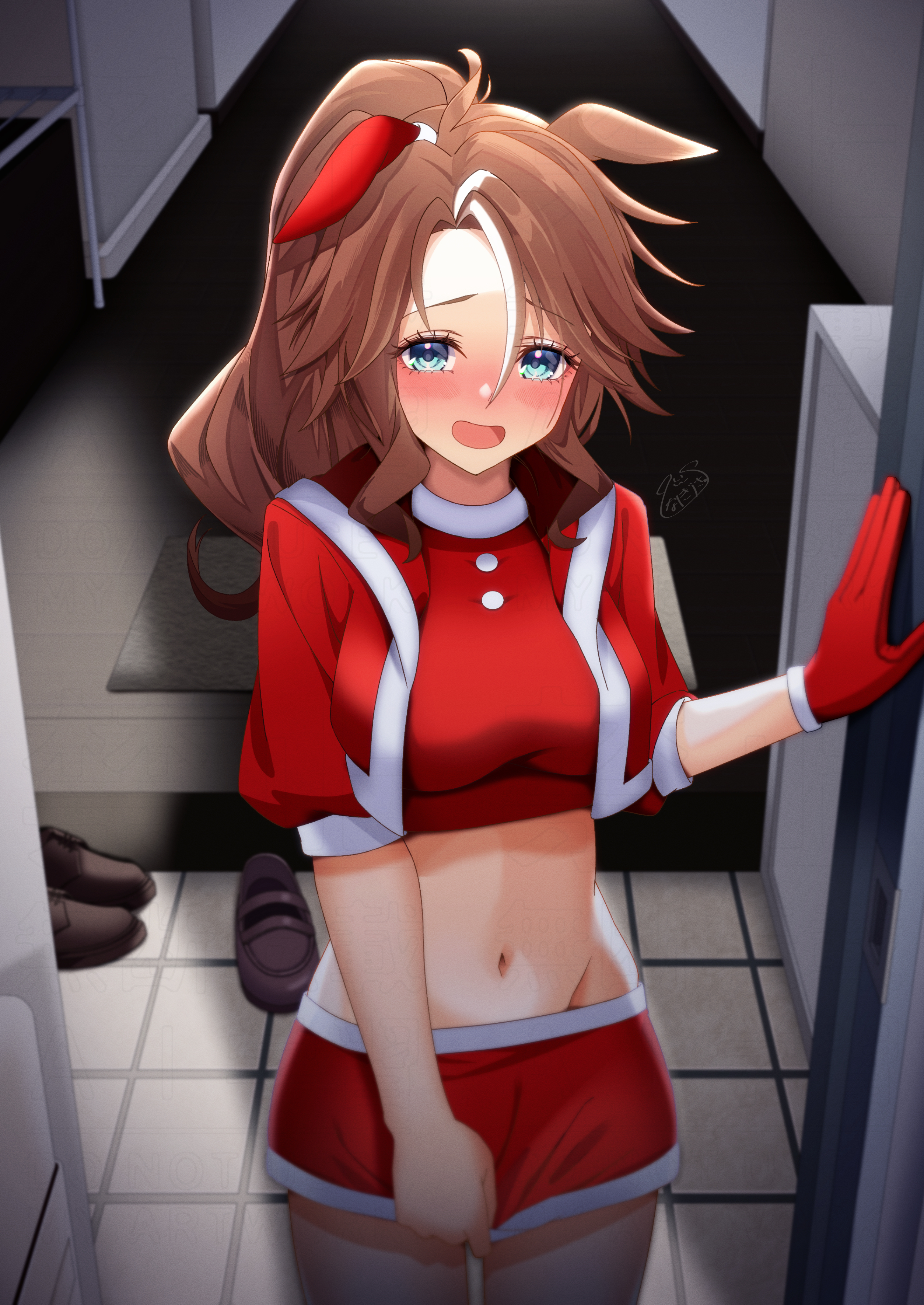 inukai nagisa, mejiro palmer (umamusume), umamusume, absurdres, highres, 1girl, animal ears, blue eyes, blush, breasts, brown hair, christmas, ear covers, embarrassed, floor, gloves, hallway, horse ears, horse girl, jacket, looking at viewer, midriff, navel, open door, parted bangs, ponytail, red gloves, red jacket, red skirt, shoes, signature, single glove, skirt, skirt tug, smile, solo