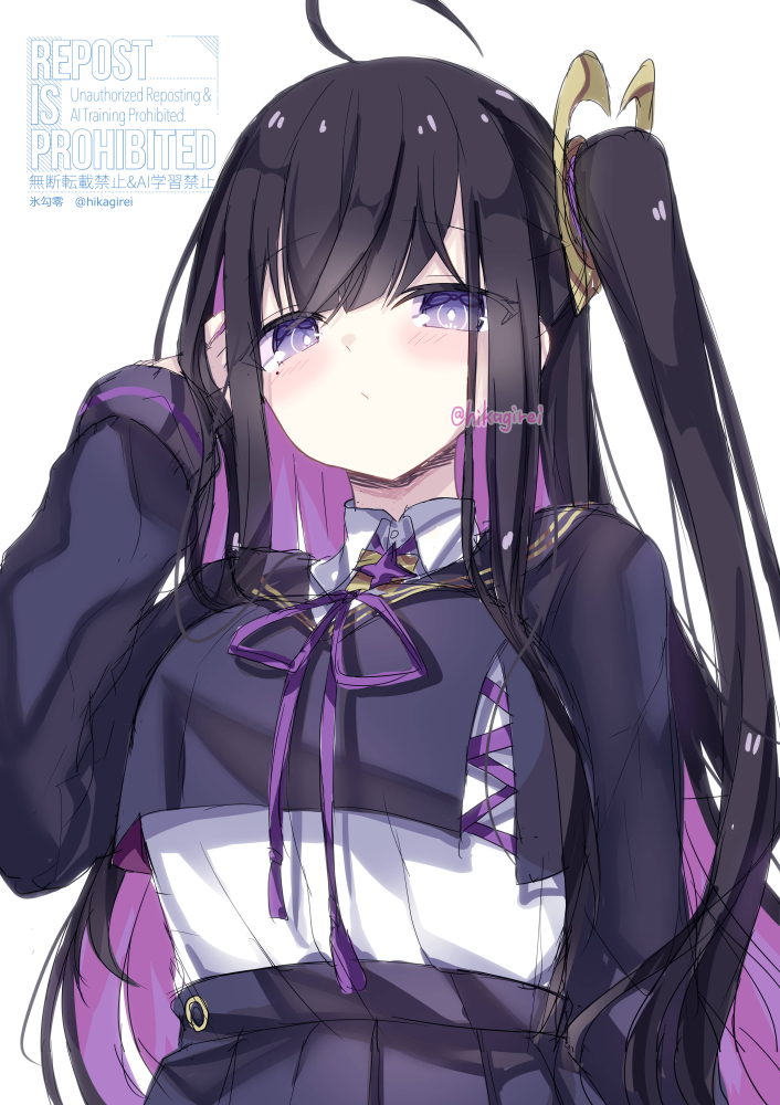 yamine kuro, chitose (stella sora), stella sora, 1girl, ahoge, black hair, black sailor collar, black shirt, black skirt, breasts, collared shirt, colored inner hair, large breasts, layered shirt, long hair, looking at viewer, multicolored hair, pleated skirt, purple eyes, purple hair, sailor collar, shirt, skirt, solo, twitter username, watermark, white shirt