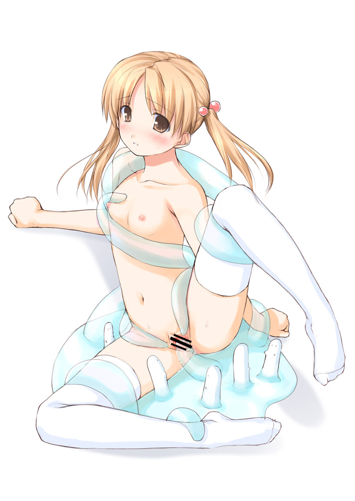 ooji, original, 1girl, blush, censored, flat chest, hair bobbles, hair ornament, legs, loli, nipples, nude, slime (substance), solo focus, tentacle sex, tentacles, thighhighs, twintails