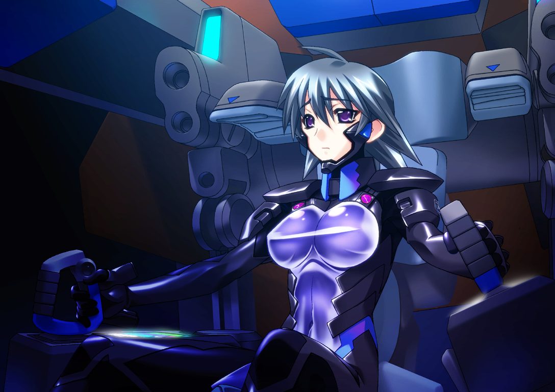 bou (inubou), ayamine kei, 5pb., muv-luv, muv-luv alternative, pilot suit, game cg, 1girl, ahoge, black hair, bodysuit, cockpit, female focus, fortified suit, mecha, mecha pilot suit, purple bodysuit, purple eyes, robot, short hair, sitting, solo