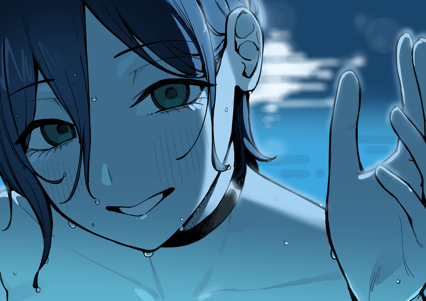 seramikku, reze (chainsaw man), chainsaw man, commentary request, highres, 1girl, black choker, blue hair, blue theme, choker, close-up, grin, hair behind ear, hair between eyes, hand up, looking at viewer, pool, smile, solo, wet, wet hair