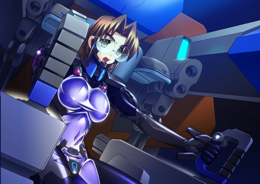 bou (inubou), sakaki chizuru, 5pb., muv-luv, muv-luv alternative, eyebrows, pilot suit, game cg, 1girl, bodysuit, breasts, brown hair, cockpit, dutch angle, female focus, fortified suit, glasses, green eyes, large breasts, mecha, mecha pilot suit, open mouth, purple bodysuit, robot, sitting, skin tight, solo