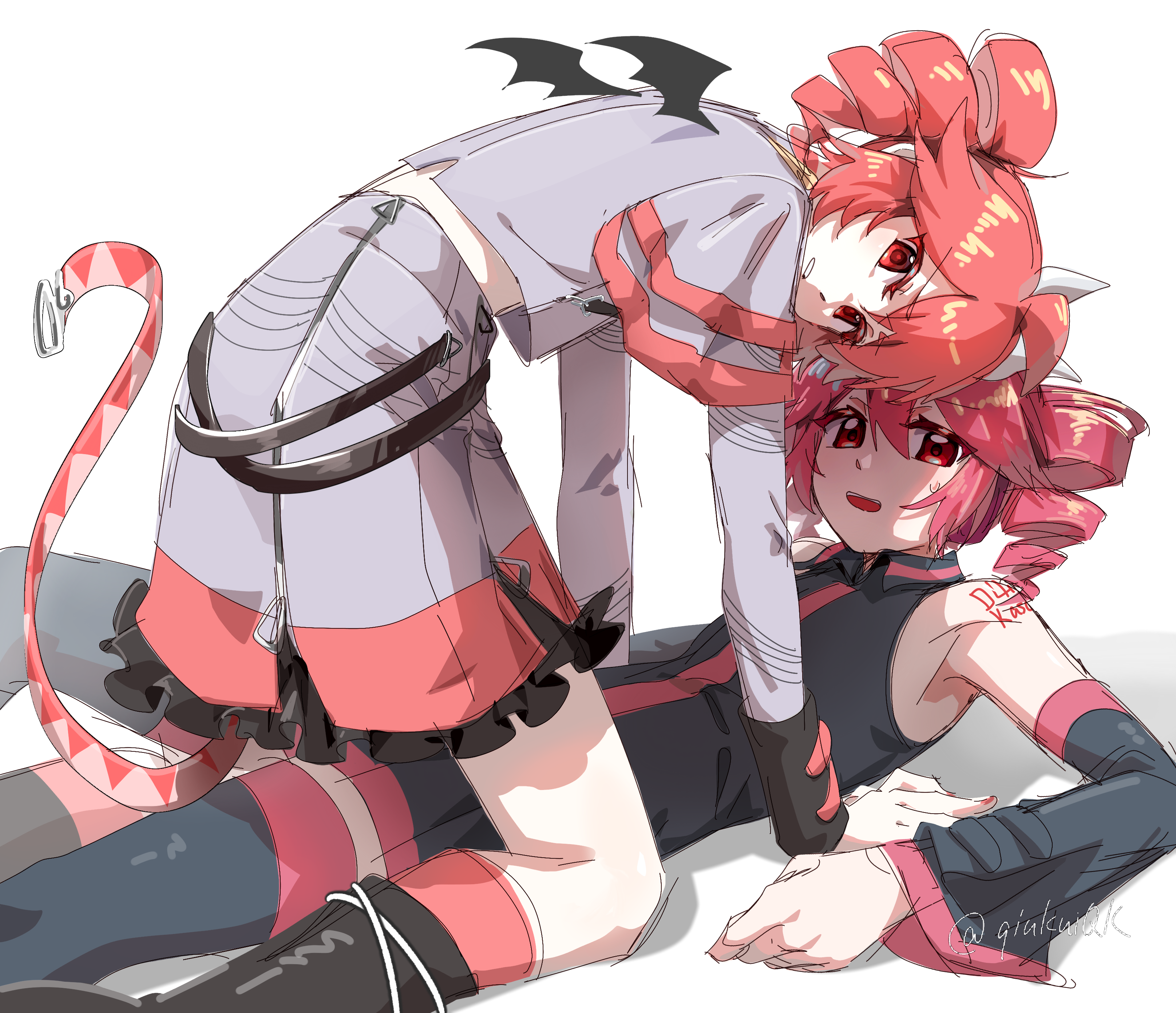 qiukui, kasane teto, utau, absurdres, commentary request, highres, 2girls, arm tattoo, belt, black shirt, black skirt, black thighhighs, demon wings, detached sleeves, drill hair, dual persona, grey shirt, grey skirt, looking at viewer, multiple girls, open mouth, parted lips, red eyes, red hair, selfcest, shadow, shirt, simple background, skirt, sleeveless, sleeveless shirt, straddling, sweat, tattoo, thighhighs, twin drills, white background, wings, yuri
