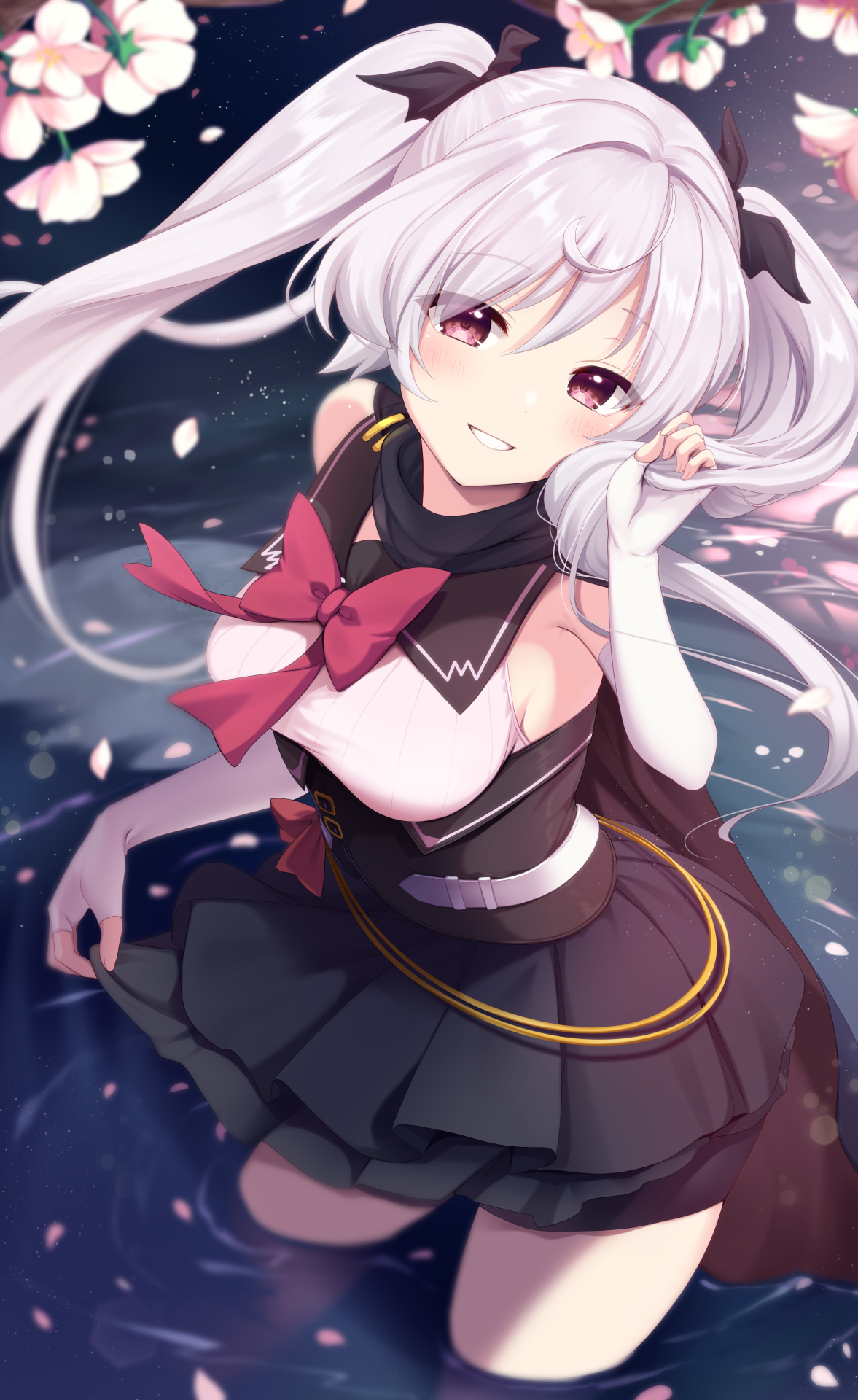 nnyara, indie virtual youtuber, highres, 1girl, ahoge, bare shoulders, belt, bike shorts, black bow, black corset, black scarf, black shorts, black skirt, blurry, blurry foreground, blush, bow, bowtie, branch, breasts, bridal gauntlets, cherry blossoms, clothes lift, corset, cowboy shot, falling petals, fingernails, floating hair, flower, hair between eyes, hair bow, hand up, holding, holding own hair, long hair, looking at viewer, medium breasts, miniskirt, outdoors, petals, pink bow, pink bowtie, pink eyes, pink flower, pleated skirt, sailor collar, scarf, shirt, shorts, skirt, skirt lift, sleeveless, sleeveless shirt, smile, solo, standing, teeth, tukigumo kohaku, twintails, virtual youtuber, water, white belt, white hair, white shirt