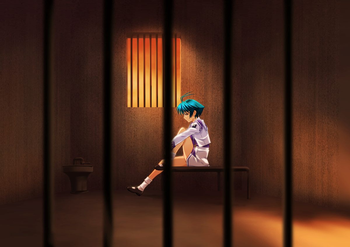 bou (inubou), yoroi mikoto, 5pb., muv-luv, game cg, 1girl, antenna hair, blue hair, female focus, green hair, leg up, prison, scenery, school uniform, short hair, sitting, skirt, socks, solo, sunset, window