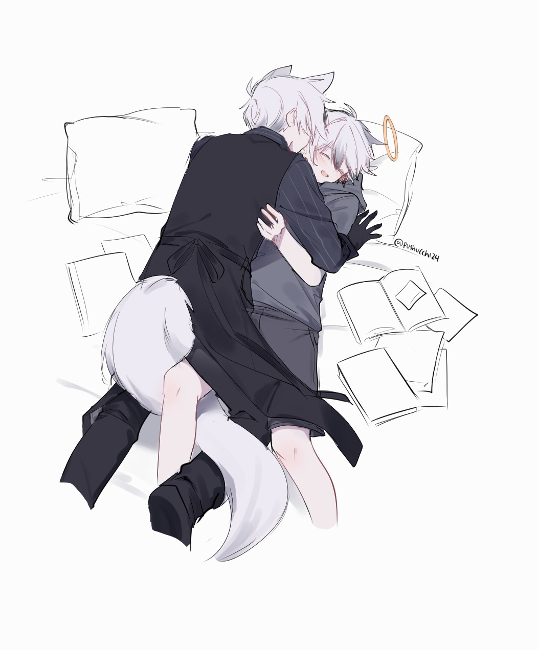 pushu, adnachiel (arknights), steward (arknights), steward (snowstorm invitation) (arknights), arknights, commentary, english commentary, highres, 2boys, animal ears, black pants, black vest, blush, closed eyes, cropped legs, fox boy, fox ears, fox tail, grey hair, grey hoodie, grey shirt, grey shorts, halo, hood, hoodie, kissing ear, male focus, multiple boys, open mouth, pants, shirt, short hair, short sleeves, shorts, simple background, sketch, smile, striped clothes, striped shirt, tail, tail around another's leg, tail wrap, tilted halo, traditional halo, twitter username, vertical-striped clothes, vertical-striped shirt, vest, white background, yaoi