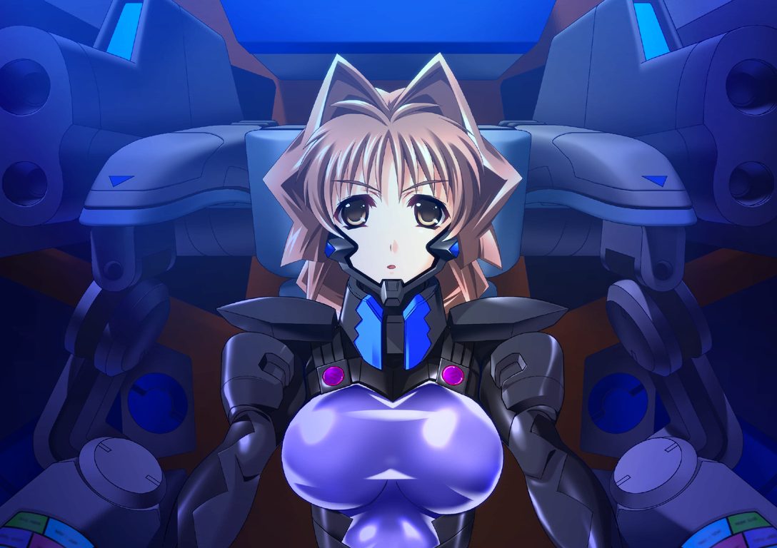 bou (inubou), jinguuji marimo, 5pb., muv-luv, muv-luv alternative, pilot suit, game cg, 1girl, bodysuit, breasts, brown eyes, brown hair, cockpit, female focus, fortified suit, large breasts, mecha, mecha pilot suit, purple bodysuit, robot, sitting, solo