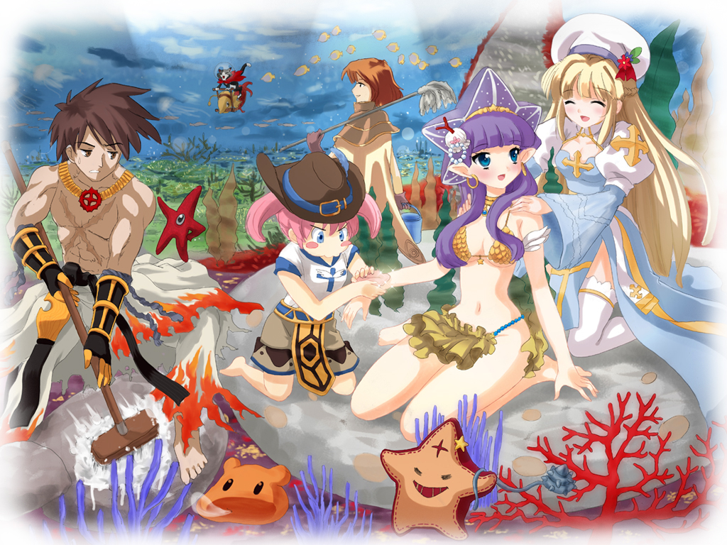 kitagawa mikio, arch bishop (ragnarok online), aster (ragnarok online), super novice (ragnarok online), sura (ragnarok online), wizard (ragnarok online), ragnarok online, commentary request, 2boys, 3girls, barefoot, belt, bikini, black gloves, blonde hair, blue dress, blue eyes, boulder, breasts, brown hair, brown hat, brown shorts, cape, cat, championship belt, cleavage cutout, closed eyes, clothing cutout, coral, cowboy hat, cross, cross necklace, cross print, cross scar, dress, earrings, fish, flower, full body, gauntlets, gloves, hat, hat flower, hat ornament, holding, holding mop, jewelry, juliet sleeves, kneeling, leaf hat ornament, long hair, long sleeves, looking at another, medium breasts, mop, multiple boys, multiple girls, navel, necklace, open mouth, outdoors, pink hair, pointy ears, puffy sleeves, purple hair, red eruma, red flower, scar, scar on chest, seaweed, shell, shell bikini, shirt, short hair, shorts, siorava, smile, star candy, starfish, swimsuit, tam (ragnarok online), thighhighs, topless male, two-tone dress, underwater, water, white cape, white dress, white hat, white shirt, white thighhighs, wild rider