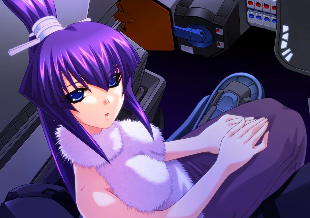 bou (inubou), koubuin yuuhi, 5pb., muv-luv, muv-luv alternative, fur, game cg, 1girl, blue eyes, cockpit, dutch angle, female focus, long hair, mecha, ponytail, purple hair, ribbon, robot, sitting, solo