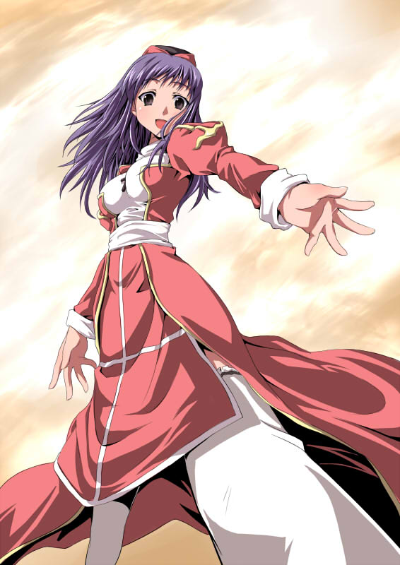 tousen, high priest (ragnarok online), ragnarok online, commentary request, 1girl, 2000s (style), blush, breasts, brown background, brown eyes, dress, feet out of frame, hat, juliet sleeves, long hair, long sleeves, looking at viewer, medium breasts, open mouth, pink dress, pink hat, puffy sleeves, purple hair, sash, smile, solo, thighhighs, two-tone dress, white background, white dress, white sash, white thighhighs