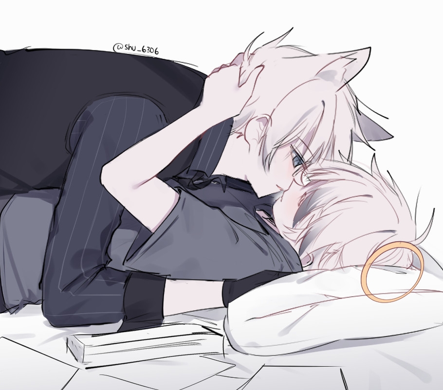 pushu, adnachiel (arknights), steward (arknights), steward (snowstorm invitation) (arknights), arknights, commentary, english commentary, 2boys, animal ears, black gloves, black shirt, black vest, blue eyes, closed eyes, fox ears, gloves, grey shirt, half-closed eyes, halo, imminent kiss, lying, male focus, multiple boys, on back, paper, pillow, pinned, shirt, short sleeves, simple background, sleeves rolled up, striped clothes, striped shirt, tilted halo, traditional halo, twitter username, upper body, vest, white background, yaoi