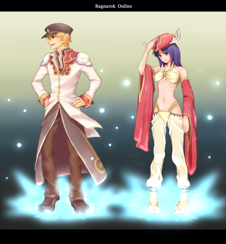 bacopa, gypsy (ragnarok online), high priest (ragnarok online), ragnarok online, commentary request, 1boy, 1girl, bicorne, bikini, black coat, blonde hair, breasts, brown hat, brown pants, coat, copyright name, detached sleeves, fake antlers, full body, grey coat, grey shoes, hat, letterboxed, long hair, long sleeves, looking afar, medium breasts, multicolored coat, navel, open mouth, pants, peaked cap, pointy ears, purple eyes, purple hair, red coat, red hat, red sleeves, shoes, short hair, smile, swimsuit, two-tone coat, white coat, white pants, yellow bikini