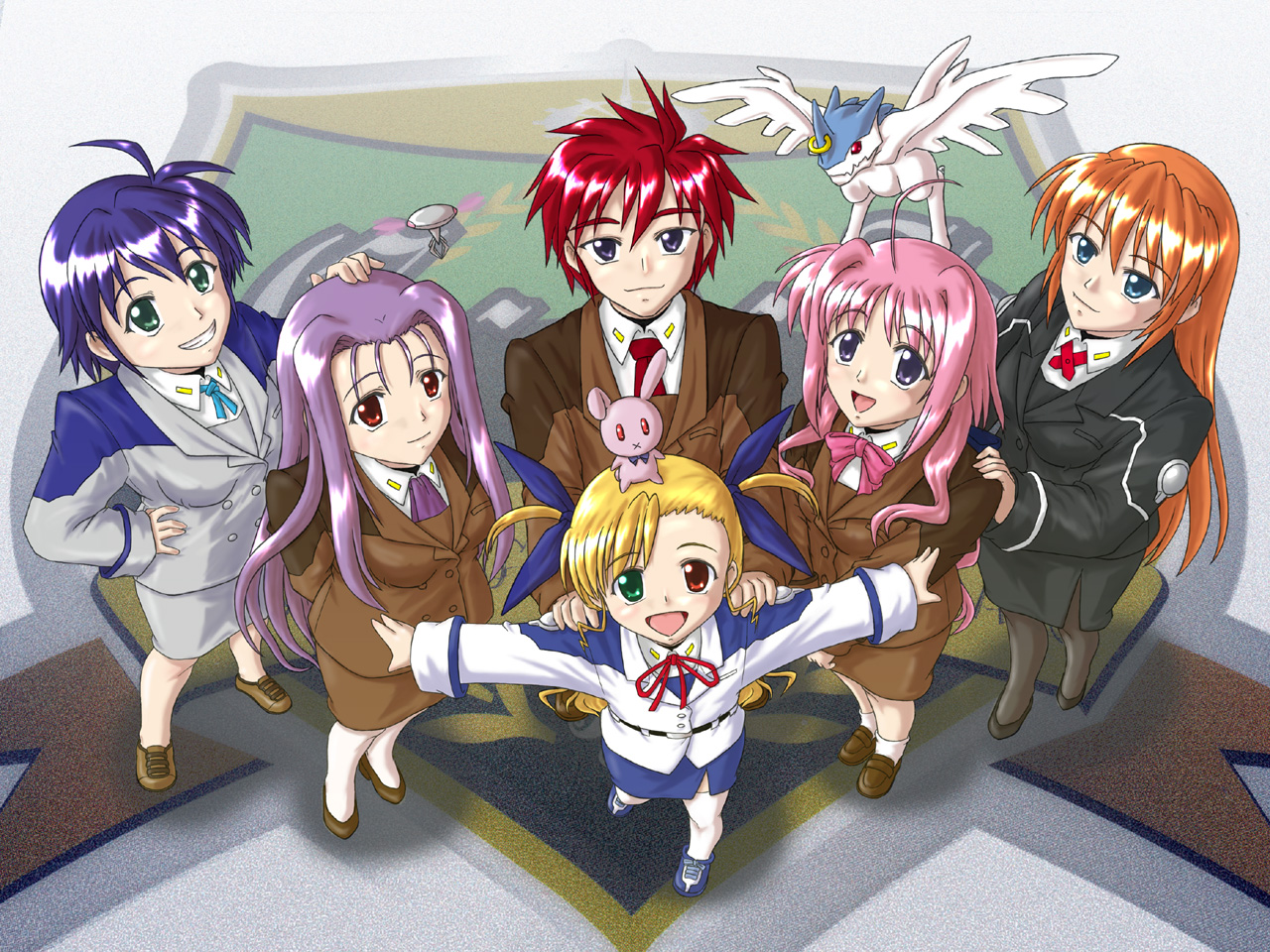 ryuhisho, caro ru lushe, erio mondial, friedrich (nanoha), lutecia alpine, sacred heart, subaru nakajima, teana lanster, vivio, lyrical nanoha, mahou shoujo lyrical nanoha, mahou shoujo lyrical nanoha strikers, 00s, 1boy, 5girls, ahoge, blonde hair, blue eyes, brown hair, dragon, green eyes, grin, heterochromia, long hair, military, military uniform, multiple girls, necktie, orange hair, pantyhose, pencil skirt, pink hair, purple hair, short hair, side ponytail, skirt, smile, thighhighs