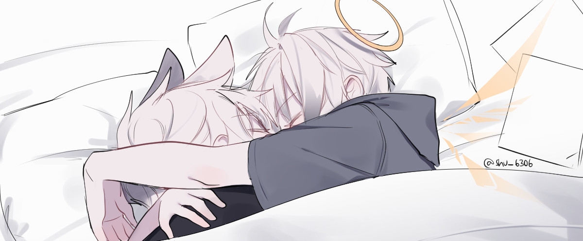 pushu, adnachiel (arknights), steward (arknights), arknights, commentary, english commentary, 2boys, animal ears, black shirt, blanket, closed eyes, energy wings, forehead-to-forehead, fox ears, grey hair, grey hoodie, halo, heads together, hood, hoodie, hug, male focus, multiple boys, paper, pillow, shirt, short hair, short sleeves, simple background, tilted halo, traditional halo, twitter username, under covers, white background, yaoi