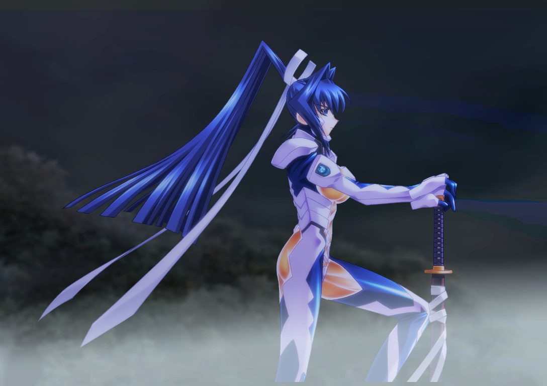 bou (inubou), mitsurugi meiya, 5pb., muv-luv, pilot suit, game cg, 1girl, blue eyes, blue hair, bodysuit, female focus, fortified suit, katana, matching hair/eyes, mecha pilot suit, sheath, sheathed, solo, sword, weapon