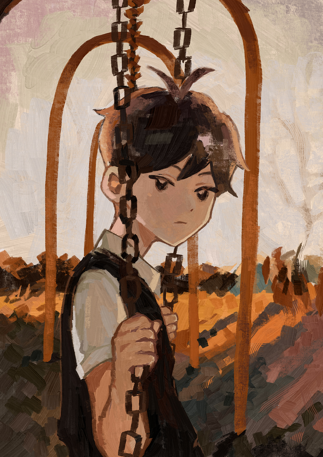 sapgoon, sunny (omori), omori, highres, revision, 1boy, antenna hair, bare tree, black eyes, black hair, black sweater vest, chain, cloud, cloudy sky, collared shirt, double-parted bangs, grass, hair behind ear, hair between eyes, hands up, looking at viewer, male focus, on swing, outdoors, painterly, shirt, short hair, short sleeves, sky, solo, sweater vest, swing, swing set, tree, upper body, white shirt