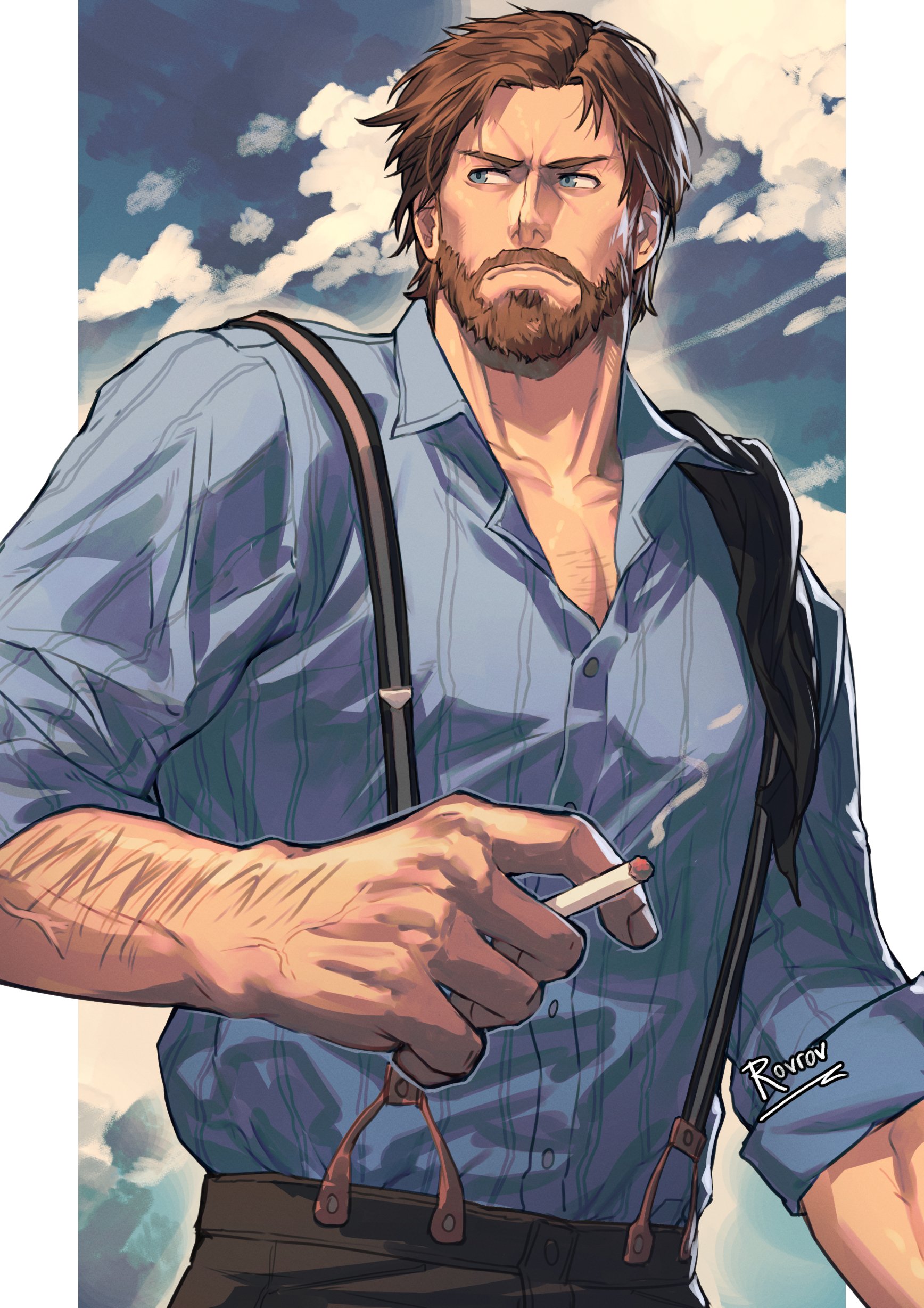 arthur morgan, red dead redemption (series), red dead redemption 2, absurdres, highres, non-web source, arm hair, artist name, bara, beard, blue background, blue eyes, blue shirt, brown hair, cigarette, cloud, cloudy sky, cowboy, cowboy western, facial hair, full beard, holding, holding cigarette, looking to the side, male focus, manly, mature male, muscular, mustache, neck, rovrov, shirt, signature, sky, smoke, solo focus, suspenders, twitter username, western