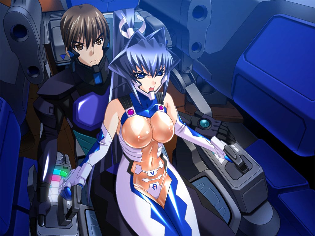 bou (inubou), mitsurugi meiya, shirogane takeru, 5pb., muv-luv, pilot suit, game cg, 1boy, 1girl, black eyes, black hair, blue eyes, blue hair, bodysuit, breasts, brown eyes, brown hair, cockpit, large breasts, long hair, mecha, open mouth, ponytail, robot, see-through bodysuit, see-through clothes, sitting, sitting on lap, sitting on person