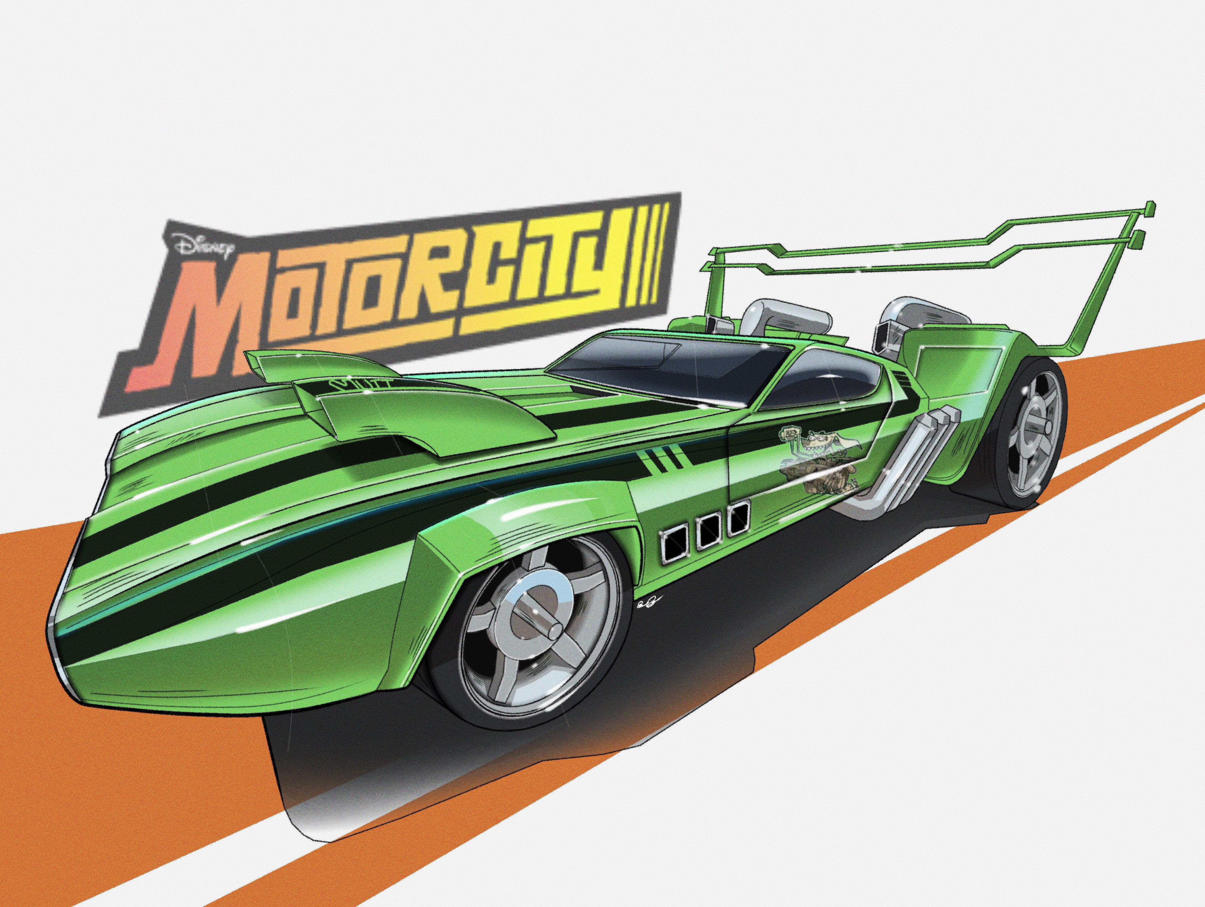 94eliasdesign, motorcity, absurdres, commentary, english commentary, highres, car, copyright name, green car, logo, motor vehicle, muscle car, mutt (motorcity), no humans, shadow, signature, spoiler (automobile), vehicle focus